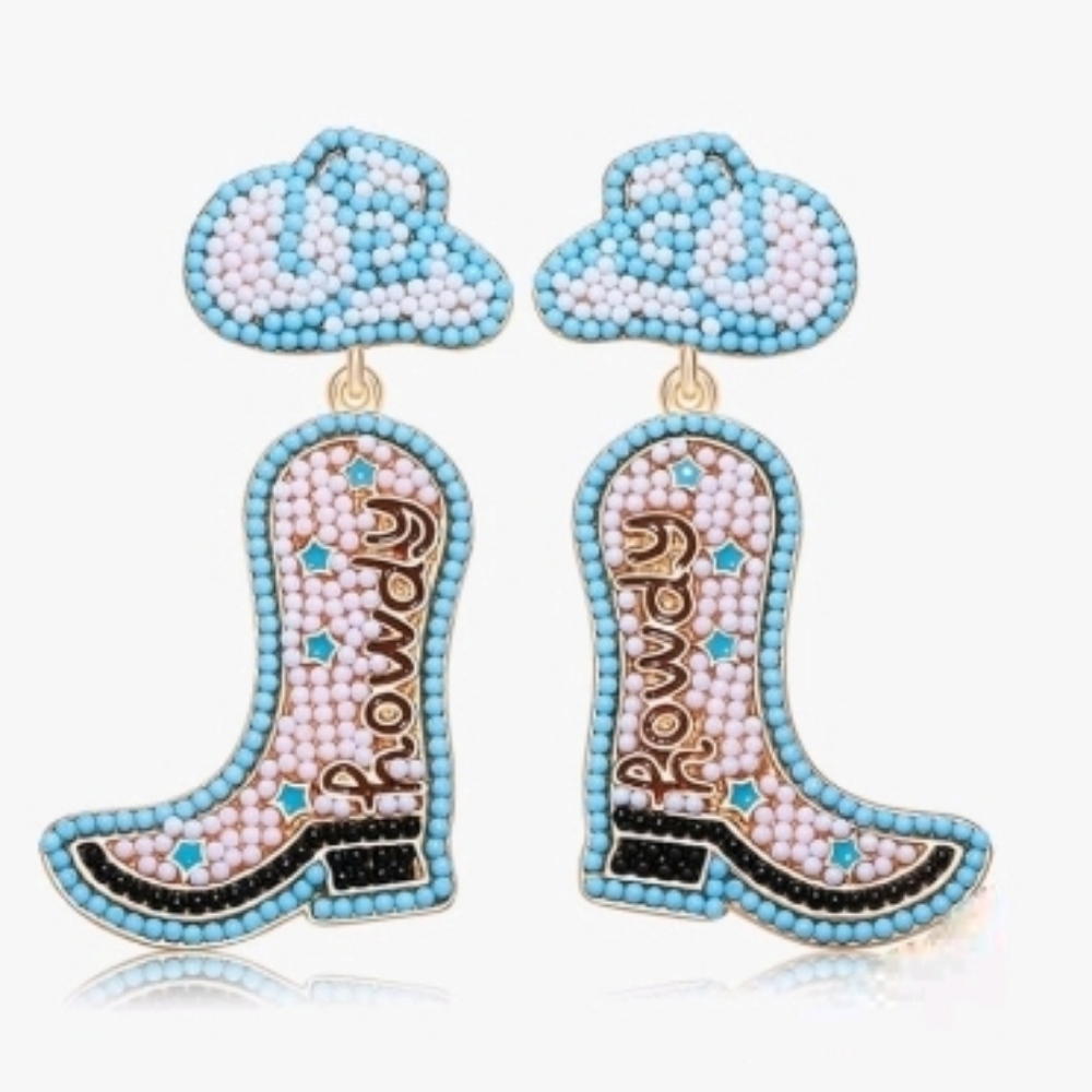 Blue Howdy Cowgirl Boots Earrings Beaded Earrings Rodeo